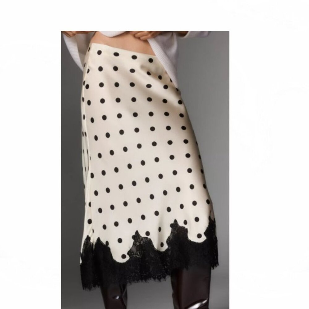 NEW Reformation Style Black and White Polka Dot Satin Lace Slip skirt